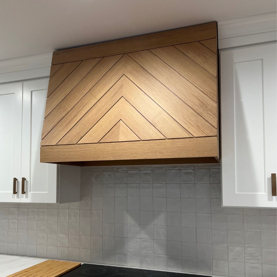 White Oak Chevron Wood Range Hood Cover – Custom Decorative Kitchen Vent