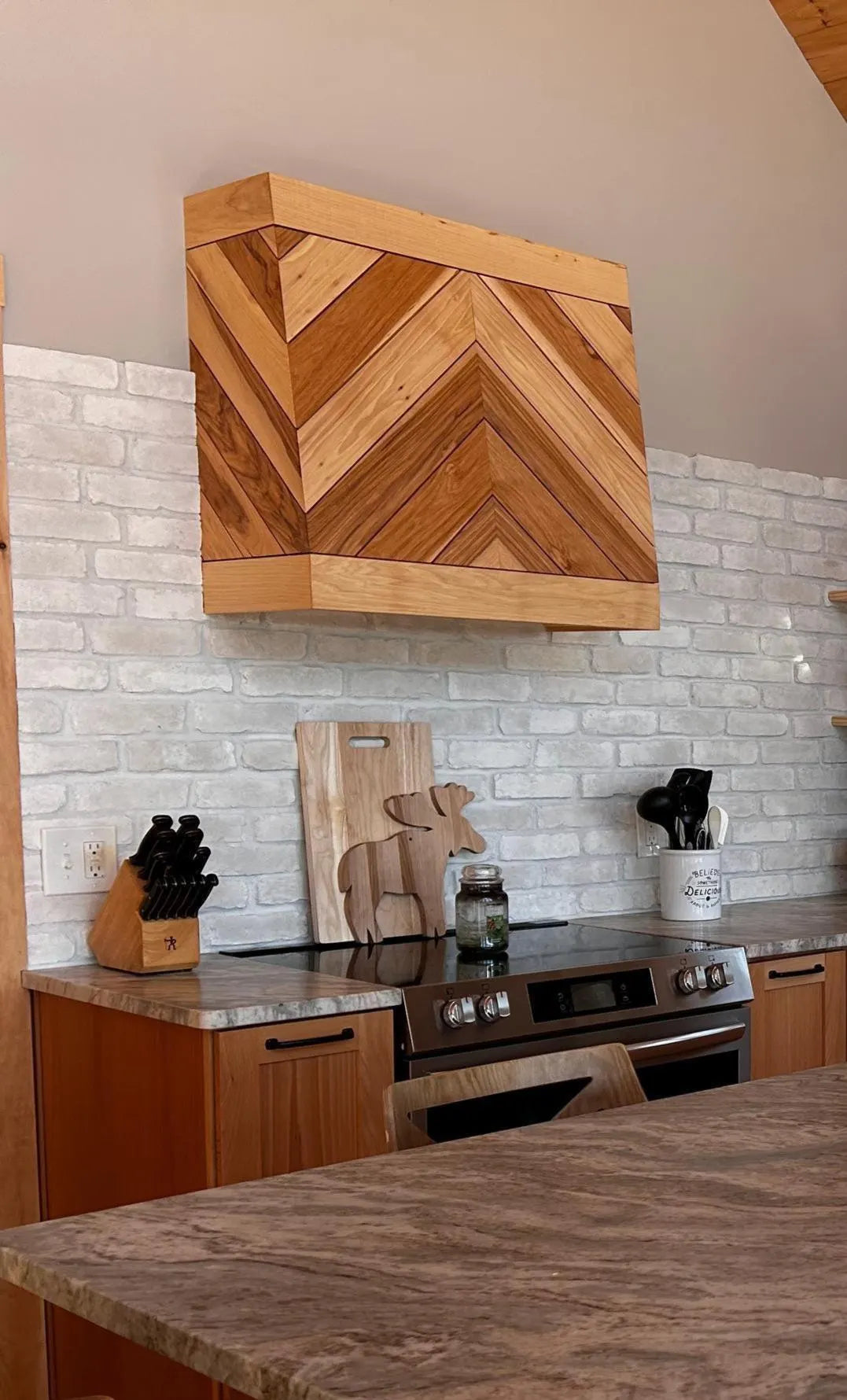 Hickory Chevron Wood Range Hood Cover – Custom Decorative Kitchen Vent