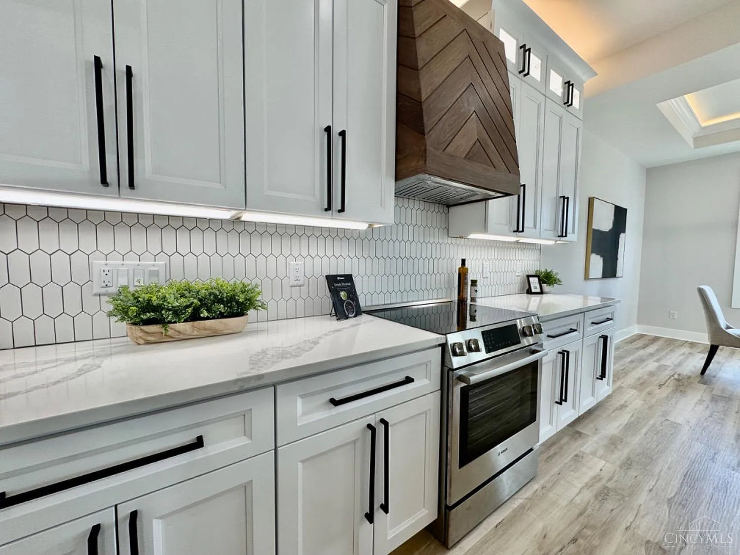 Walnut Chevron Wood Range Hood Cover – Custom Decorative Kitchen Vent