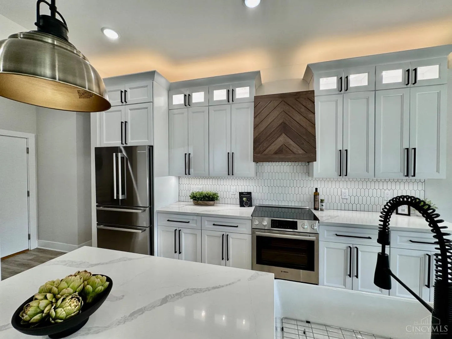 Walnut Chevron Wood Range Hood Cover – Custom Decorative Kitchen Vent