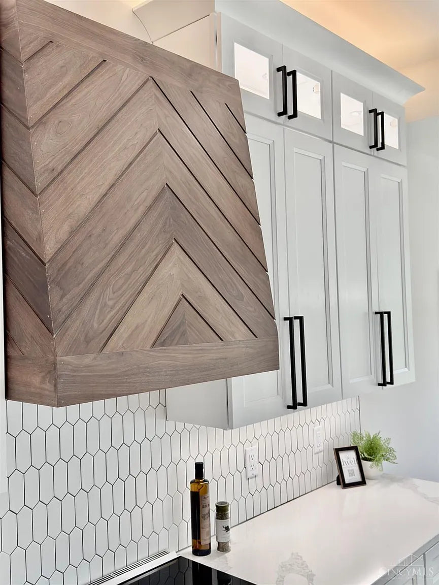 Walnut Chevron Wood Range Hood Cover – Custom Decorative Kitchen Vent